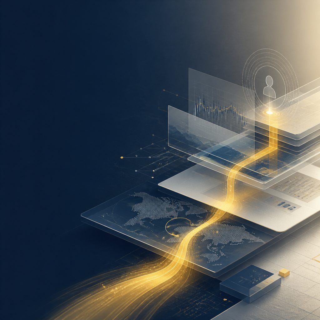 Abstract financial product ecosystem connecting identity, markets and global money movement